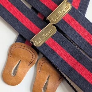 Vintage LL Bean Red/Navy Striped Suspenders Gold Hardware & Leather Fasteners
